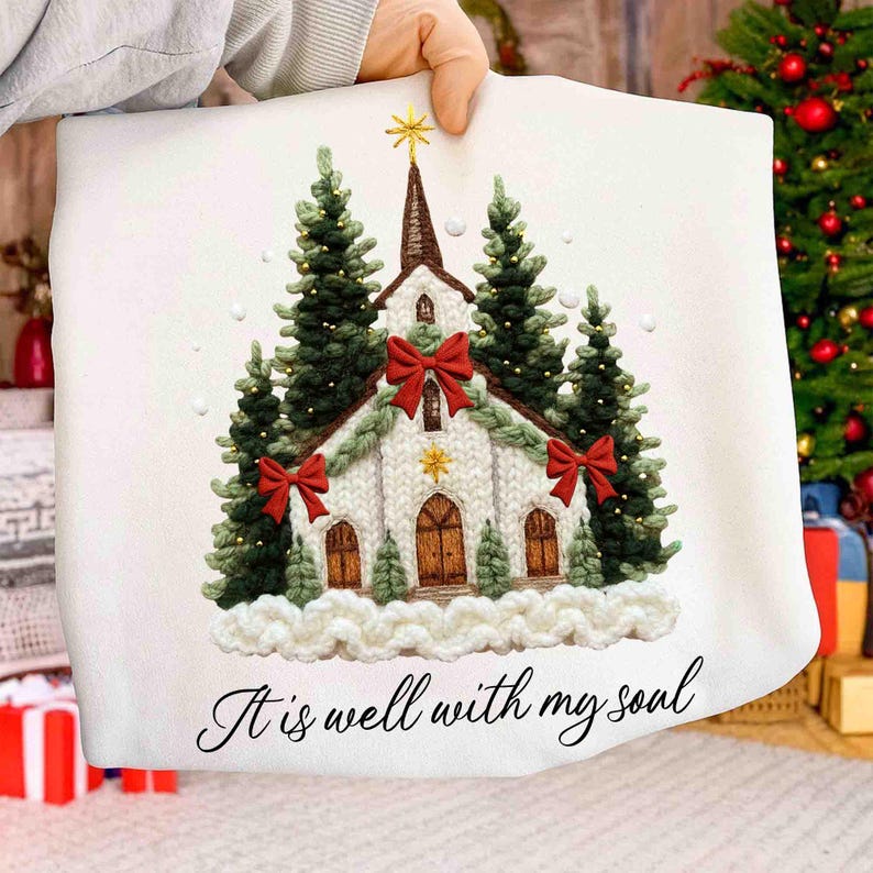 It Is Well With My Soul Latch Yarn Crochet – Christmas Church Scene – Faith Quote DTF transfer