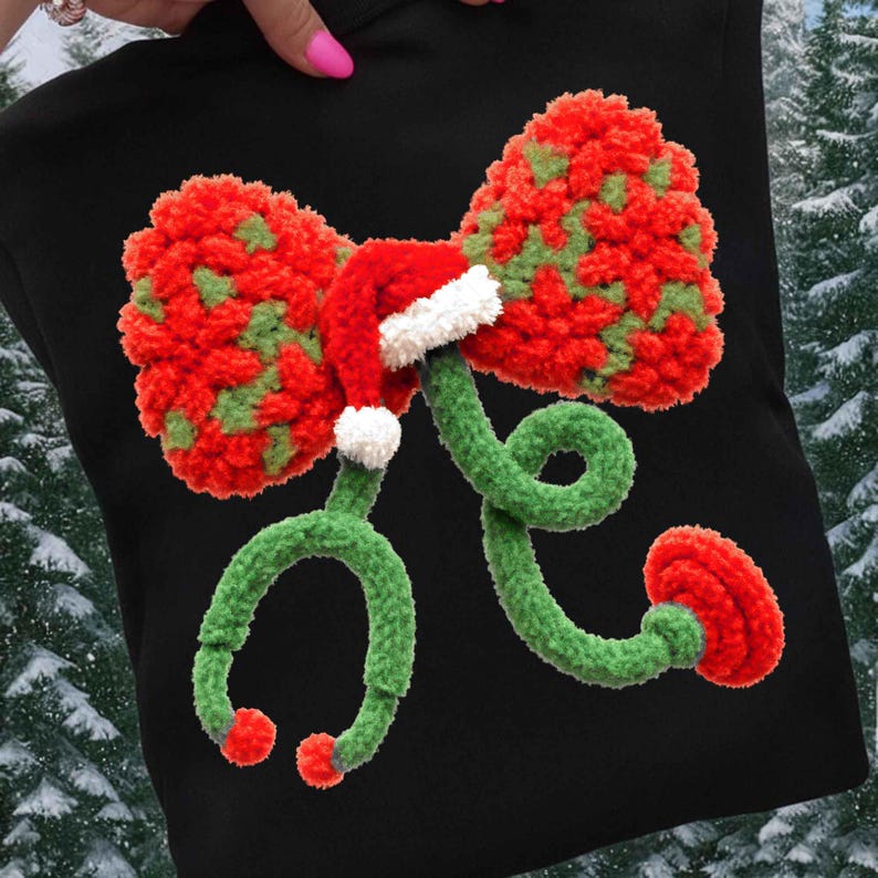 Christmas Nurse – Faux Yarn Stethoscope – Latch Hook Yarn Bow DTF transfer