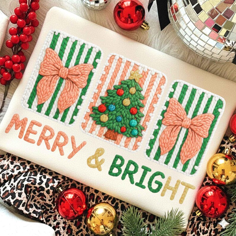 Yarn Merry and bright Christmas Coquette Bow – Retro Christmas – Merry Christmas DTF transfer