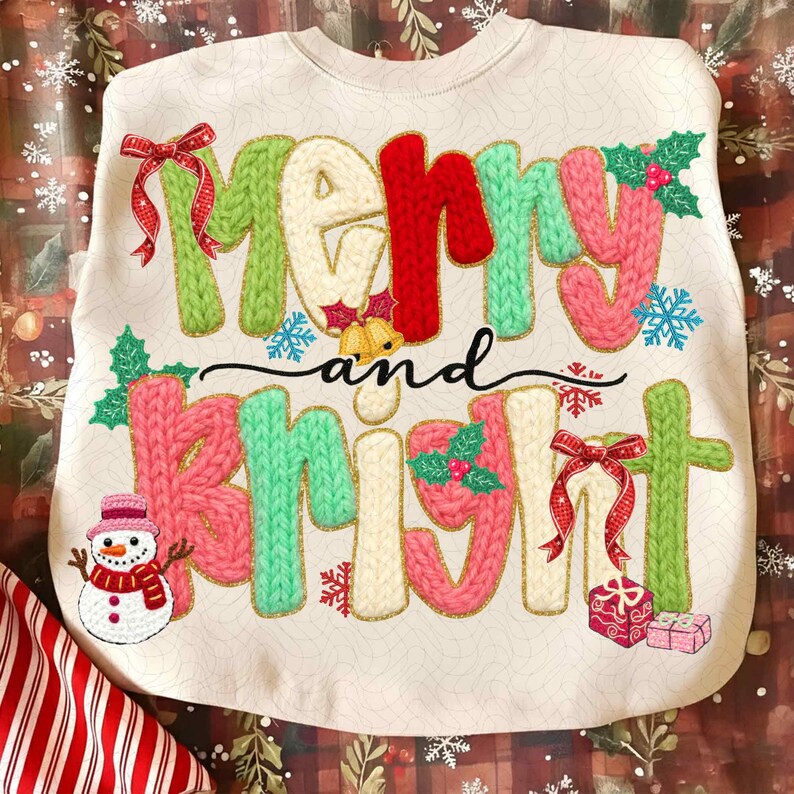Faux Yarn Merry and Bright – Chunky Knit Coquette Bow Christmas Tree – Pastel Snowman DTF transfer