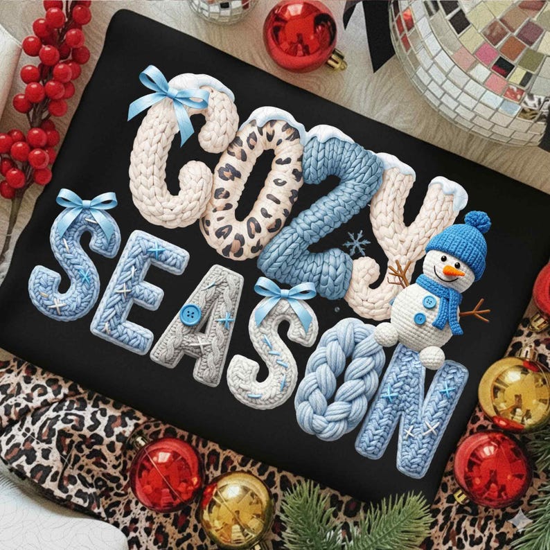 Preppy Cozy Season Faux Yarn – Leopard Snowman – Perppy Christmas DTF transfer