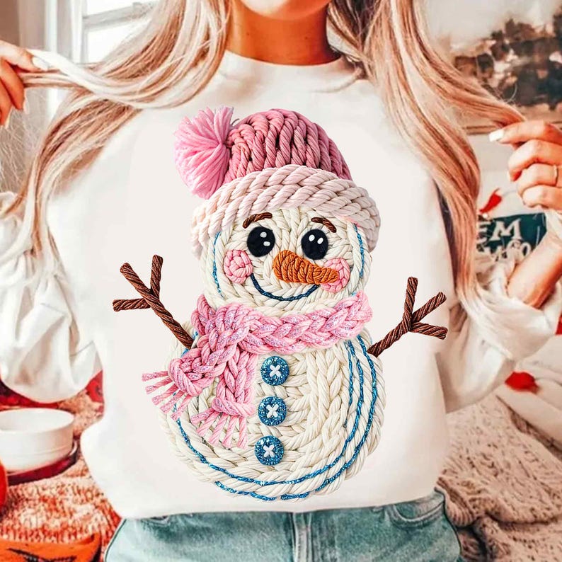 Christmas Crochet Faux Yarn Crochet Snowman Christmas Christmas Christmas Snowman Pink DTF transfer