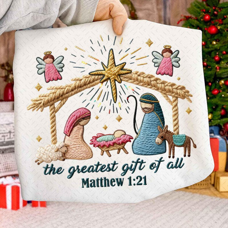 Greatest Gift of all – Faux Yarn Christian Nativity Scene – Chunky Knit Faith Christmas DTF transfer