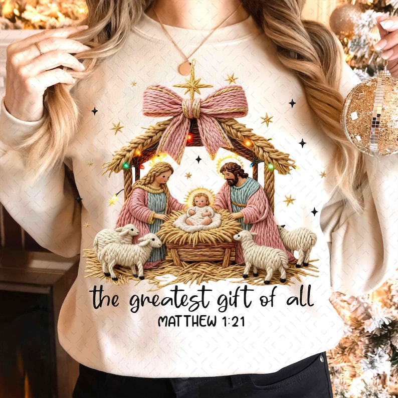 Faux Yarn Christian Nativity Scene – Greatest Gift of all – Chunky Knit Faith Christmas DTF transfer
