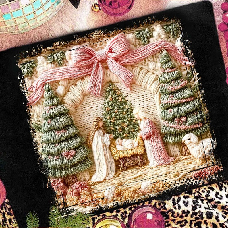 Greatest Gift of all – Faux Yarn Christian Nativity Scene – Chunky Knit Faith Christmas DTF transfer