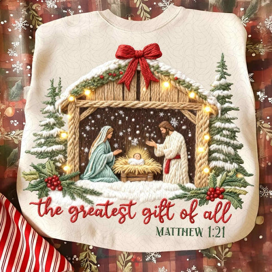 Greatest Gift of all – Faux Yarn Christian Nativity Scene – Chunky Knit Faith Christmas