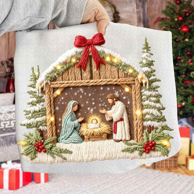 Faux Yarn Christian Nativity Scene – Chunky Knit Faith Christmas – Greatest Gift of all DTF transfer