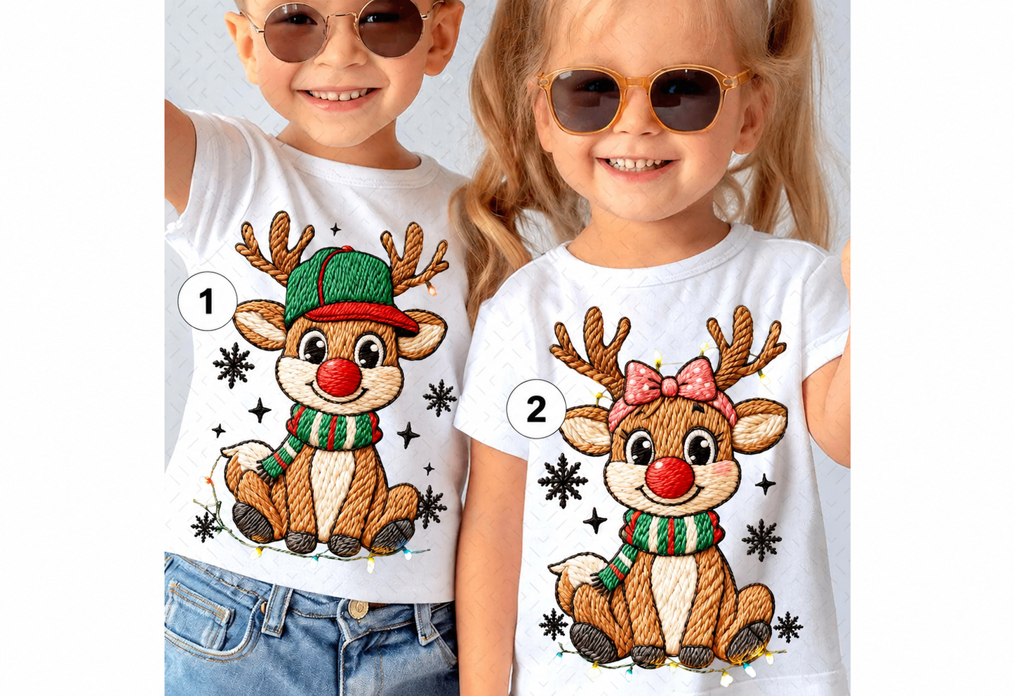 Two latch hook yarn Christmas reindeer DTF designs numbered 1 and 2