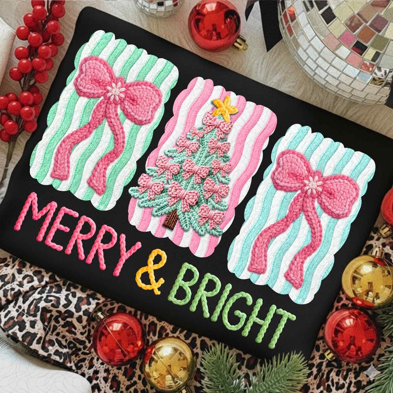 Faux Yarn Merry Christmas – Chunky Knit Coquette Tree Design – Realistic Yarn Holiday DTF transfer
