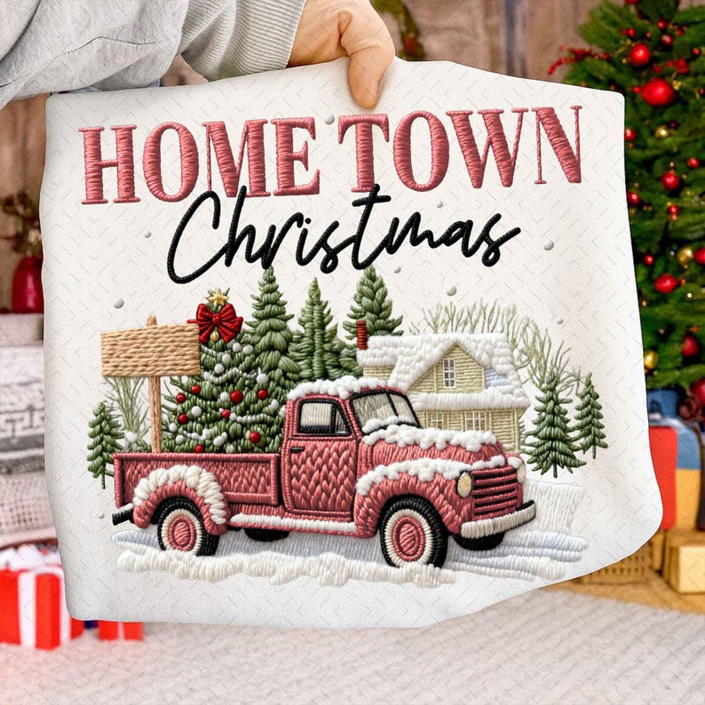 Faux Yarn Small Town Christmas – Custom Zip Code Yarn Pink Truck Christmas – Snowy DTF transfer