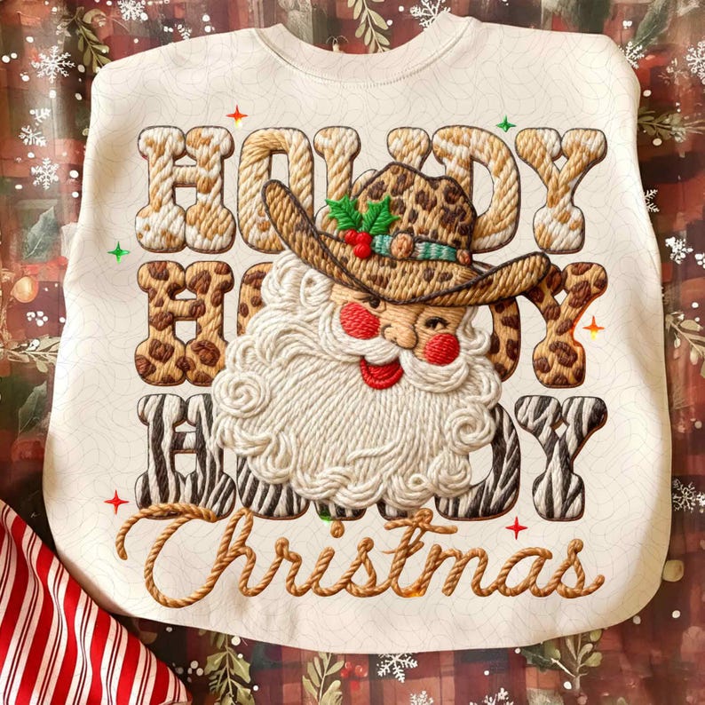 Leopard Howdy Christmas Santa Latch Hook Yarn Crochet – Faux Yarn – Western Christmas DTF transfer