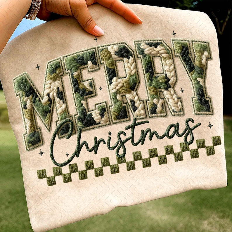 Faux Yarn Camo Merry Christmas – Camo Merry Varsity – Faux Yarn Christmas Shirt Design DTF transfer