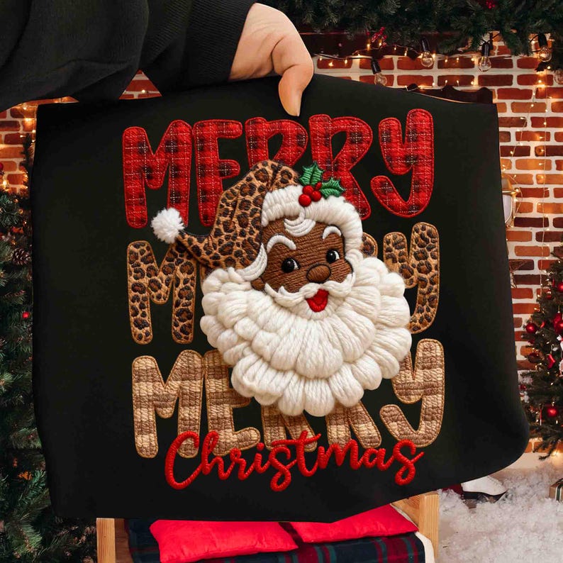 Leopard Merry Christmas Black Santa Latch Hook Yarn Crochet – Faux Yarn – Tis The Season DTF transfer