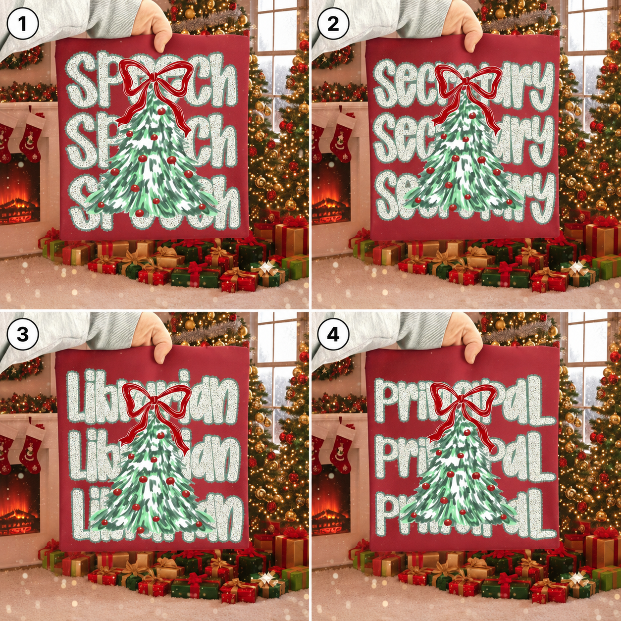 Christmas school staff DTF designs numbered 1 through 4