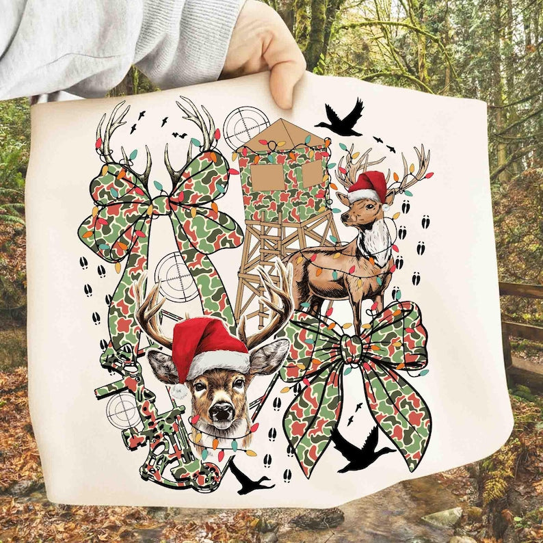Christmas Deer Hunting Camo – Merry and Bright Deer Head – Funny Christmas Outdoors DTF transfer