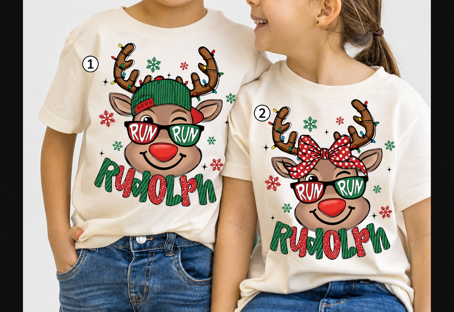 Boy and girl Christmas reindeer DTF transfer options numbered 1 and 2