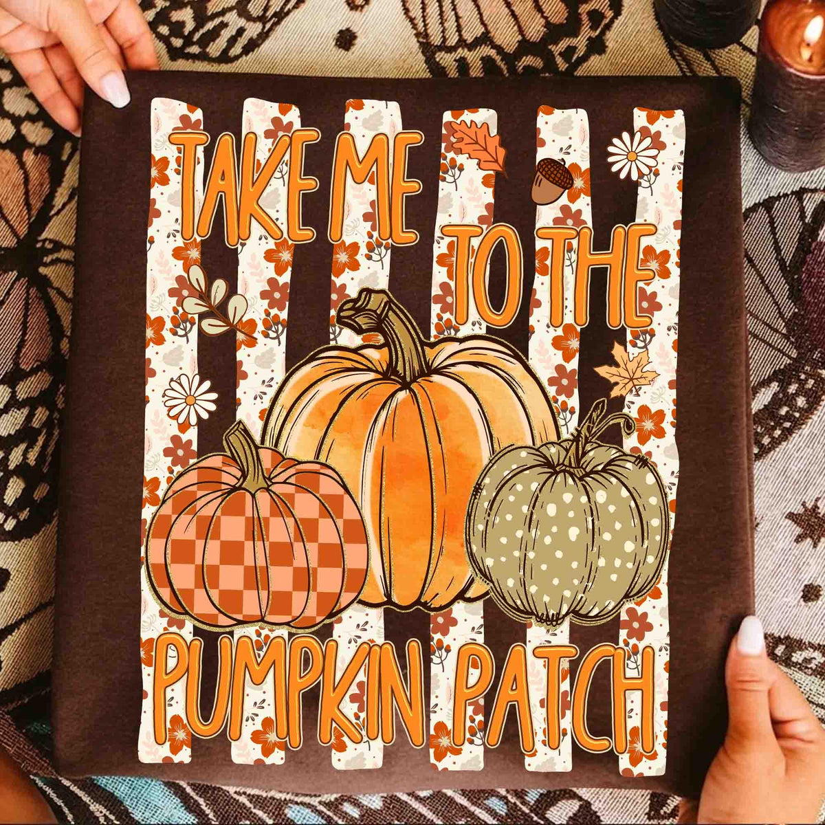 Take Me To The Pumpkin Patch – Trendy Stripes Floral Fall Design DTF Transfer