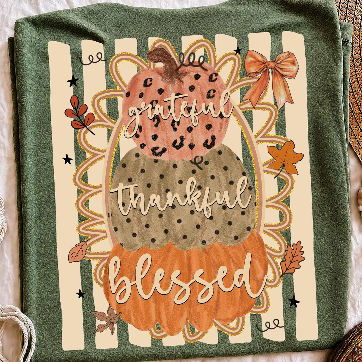 Grateful Thankful Blessed Fall Pumpkin Design – Thanksgiving Striped Graphic DTF Transfer