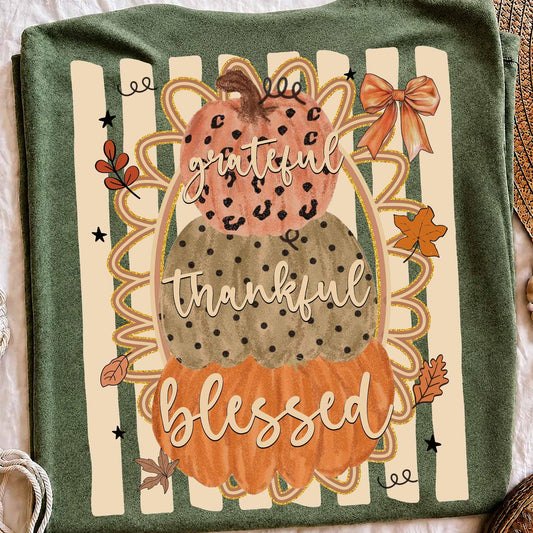 Grateful Thankful Blessed Fall Pumpkin Design – Thanksgiving Striped Graphic DTF Transfer