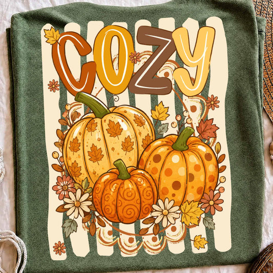Striped Cozy Pumpkin Fall Design Autumn Graphic Thanksgiving Pumpkin Clipart Boutique Fall Flowers DTF Transfer