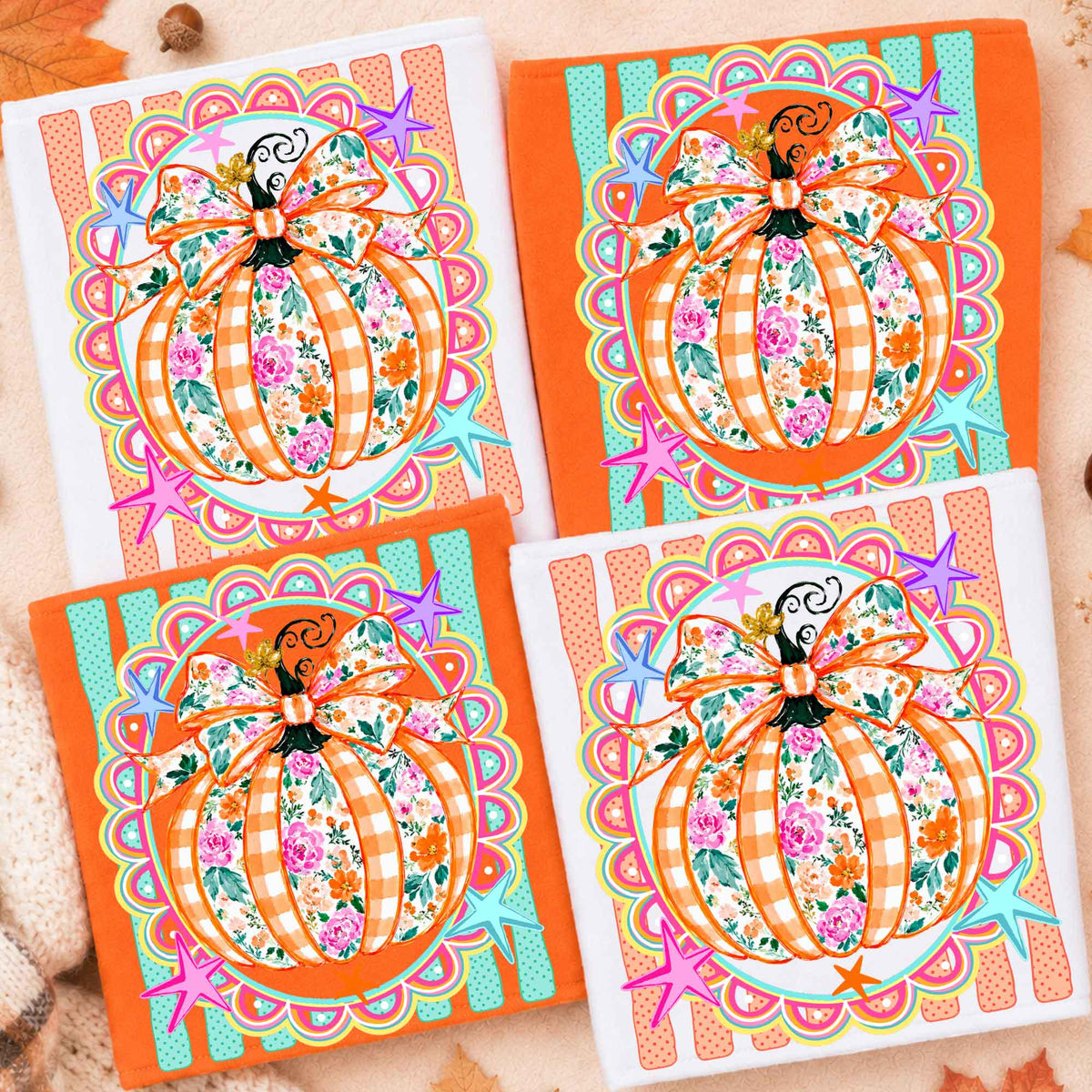 Striped Preppy Fall Pumpkin – Preppy Floral Pumpkin Bow DTF Transfer