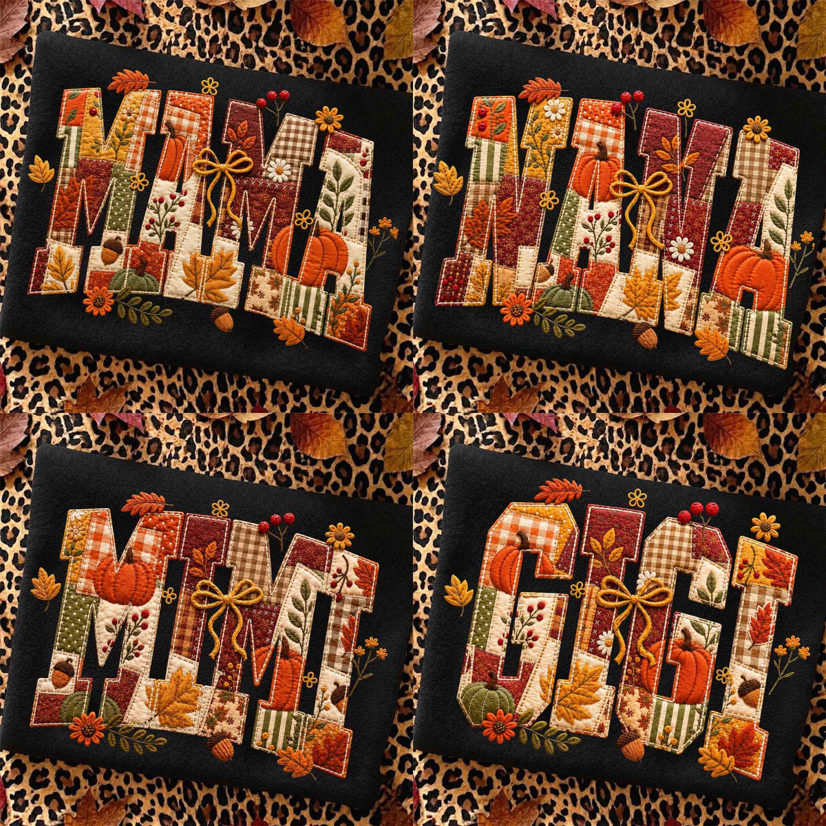 Retro Mama Pumpkin Patchwork Floral Faux Embroidered – Preppy Floral Pumpkin Bow Shabby Chic DTF Transfer