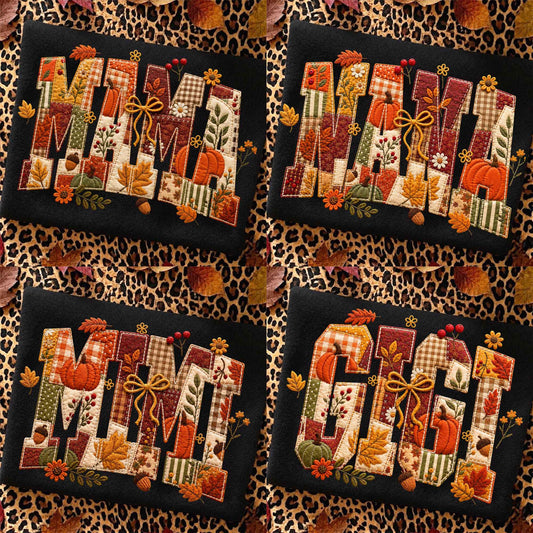 Retro Mama Pumpkin Patchwork Floral Faux Embroidered – Preppy Floral Pumpkin Bow Shabby Chic DTF Transfer