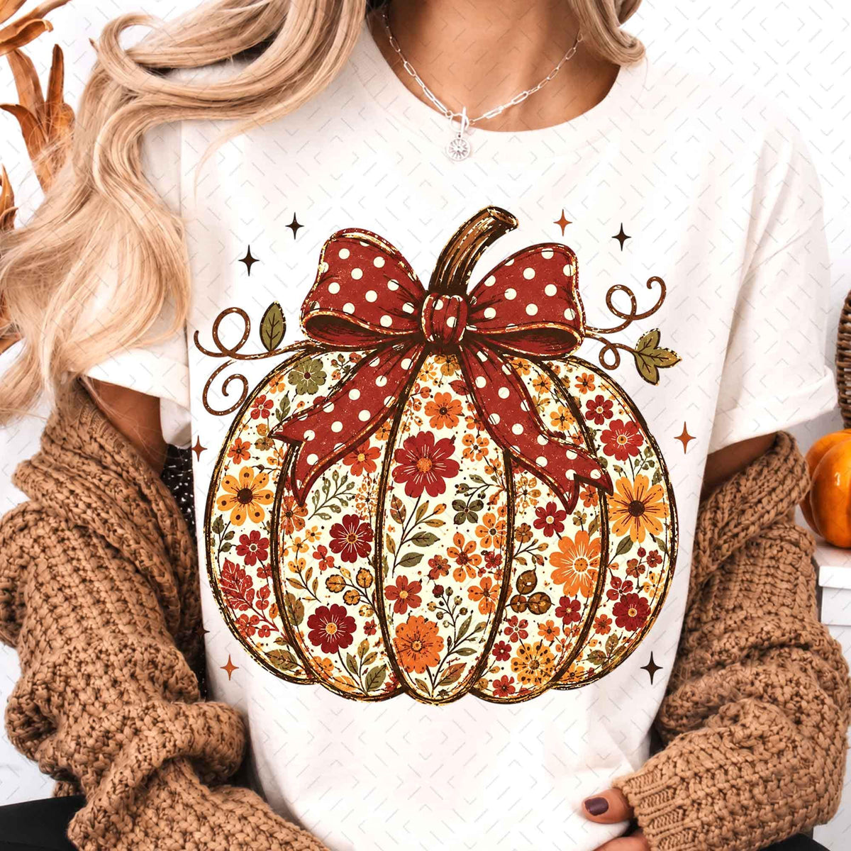 Floral Pumpkin Fall Design Gingham Bow Autumn Clipart Rustic Farmhouse Thanksgiving DTF Transfer