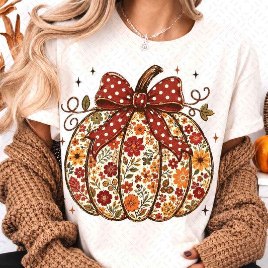 Floral Pumpkin Fall Design Gingham Bow Autumn Clipart Rustic Farmhouse Thanksgiving DTF Transfer