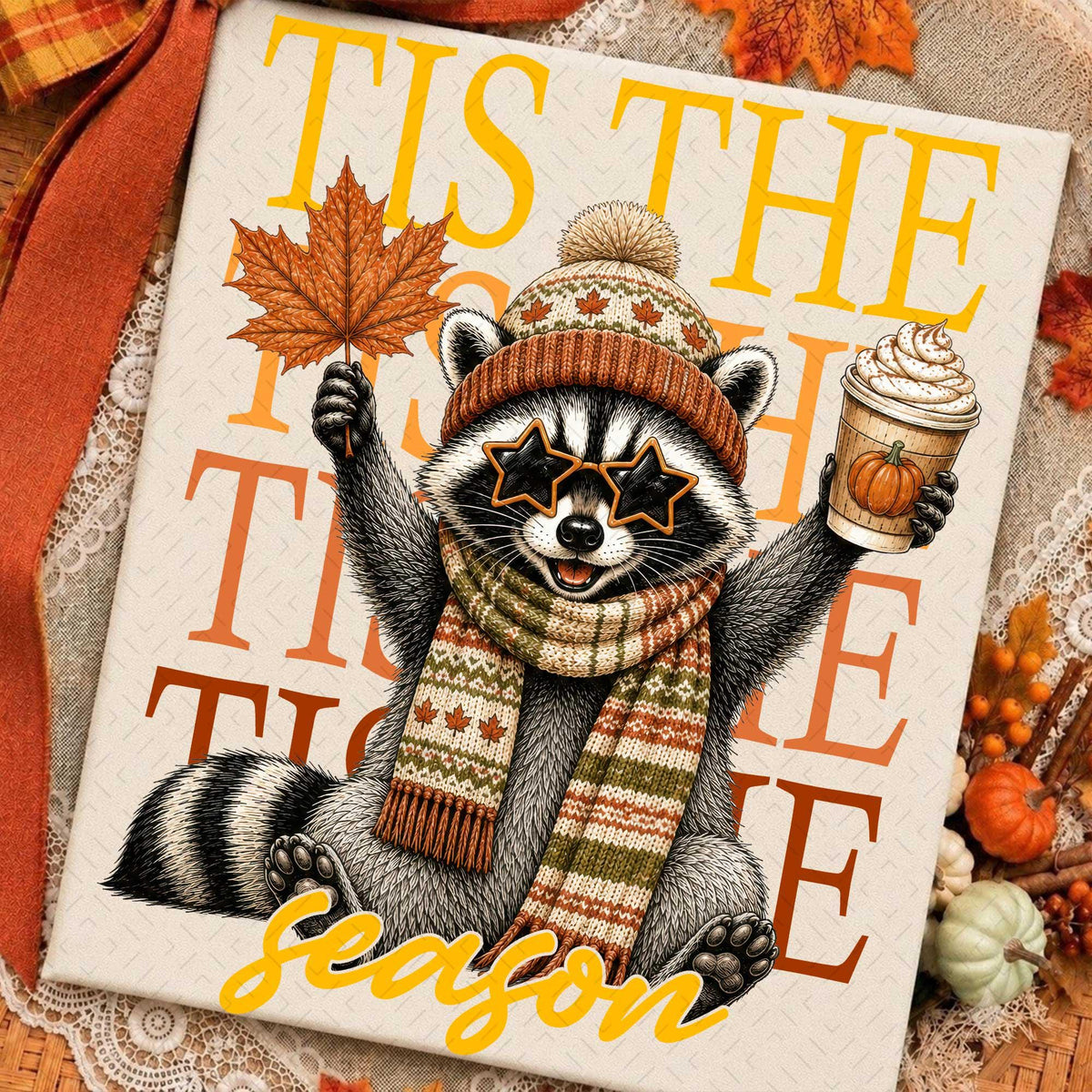Retro Autumn Raccoon – Funny Raccoon Pumpkin DTF Transfer
