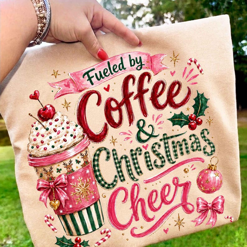 Fueled By Coffee And Christmas Cheer – Preppy Holiday – Festive Shirt Graphic DTF transfer
