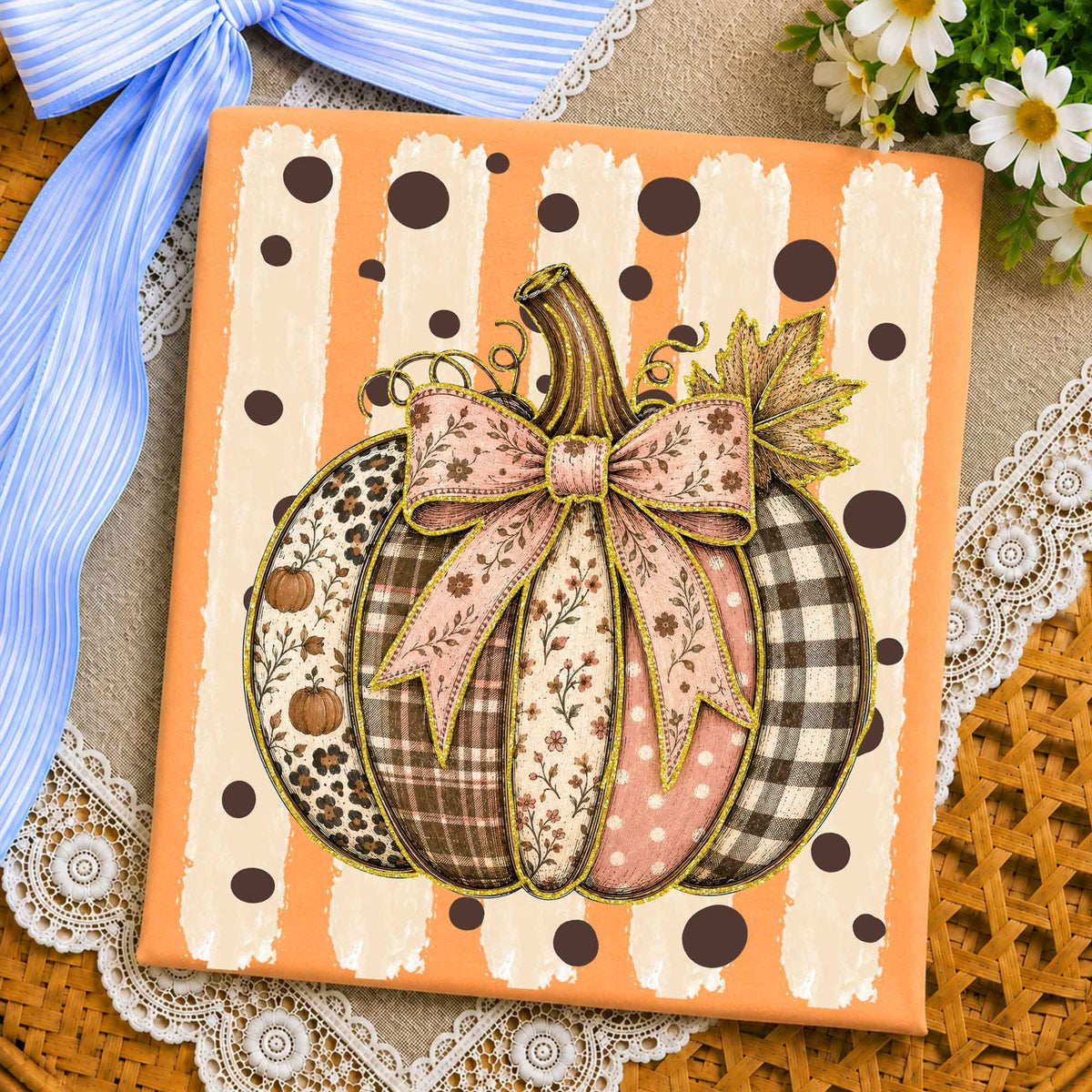 Fall Pumpkin – Pink Bow Leopard Plaid and Checkerboard Design DTF Transfer