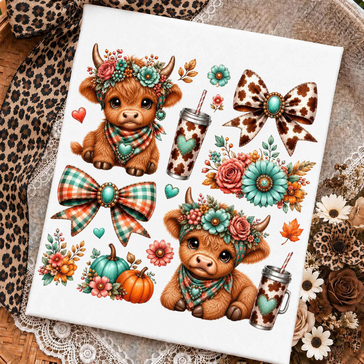 Coquette Highland Cow – Leopard Print Bow Pumpkin Design DTF Transfer