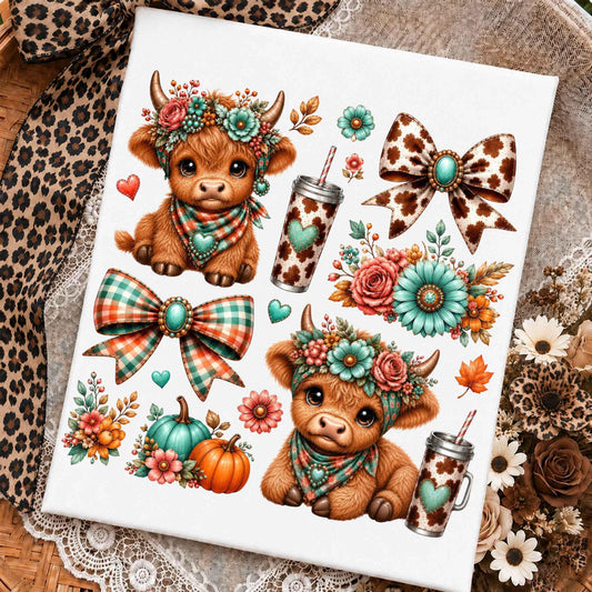 Coquette Highland Cow – Leopard Print Bow Pumpkin Design DTF Transfer
