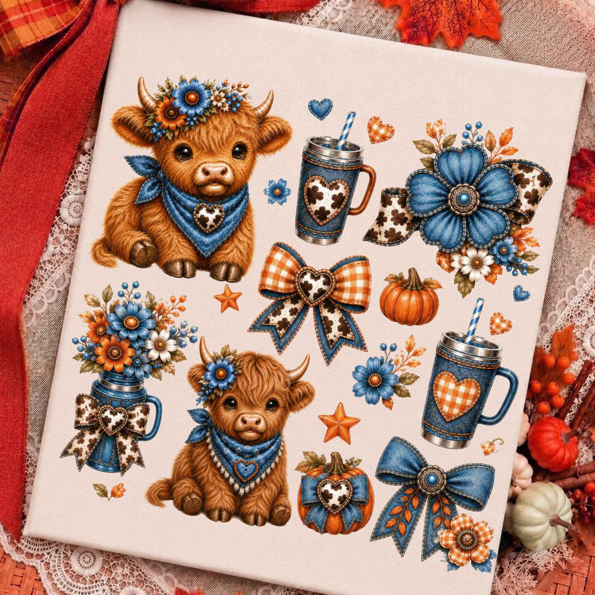 Retro Fall Blue Denim Highland Cow – Trendy Patchwork Highland Cow DTF Transfer