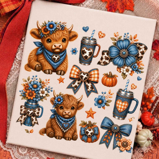 Retro Fall Blue Denim Highland Cow – Trendy Patchwork Highland Cow DTF Transfer