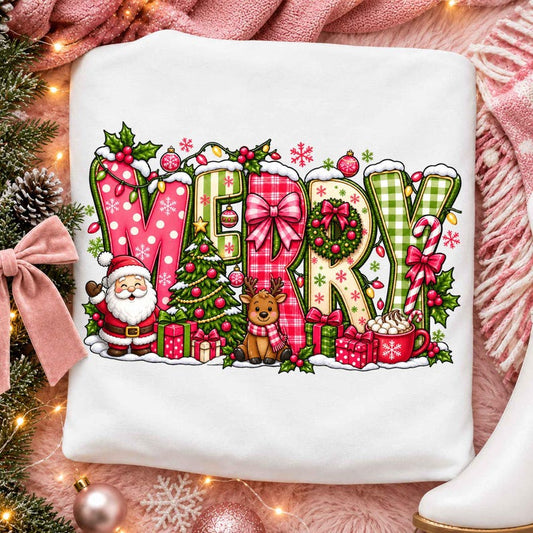 Merry Christmas Preppy Bow Retro Christmas Tree Red Pink Hand Drawn Whimsical Frame