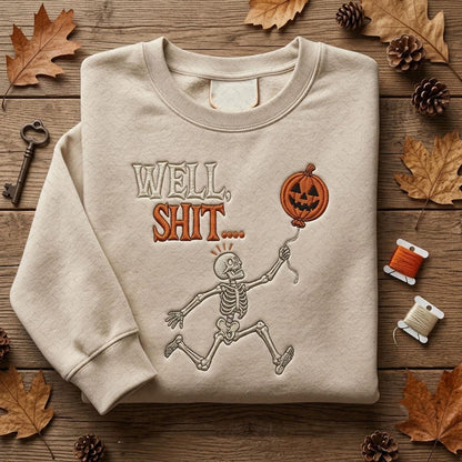 Beige embroidered Halloween sweatshirt with skeleton and pumpkin balloon
