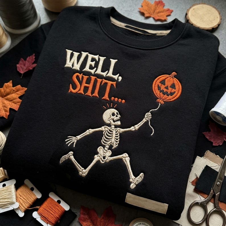 Black embroidered Halloween sweatshirt with skeleton and pumpkin balloon