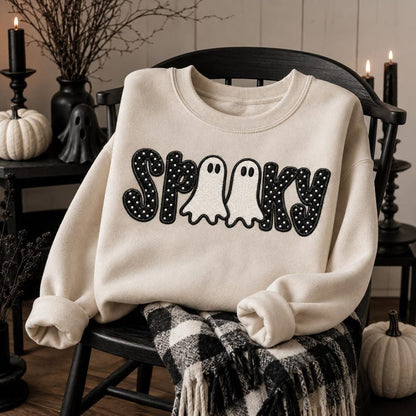 Cream embroidered Spooky sweatshirt with two ghost letters