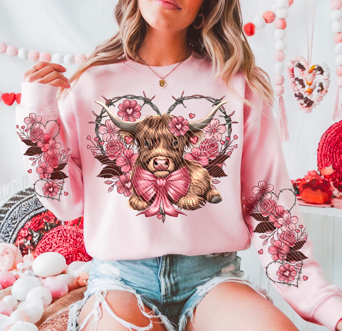 DTF Transfer Highland Cow Floral Heart – Pink Bow Design Sleeve Prints