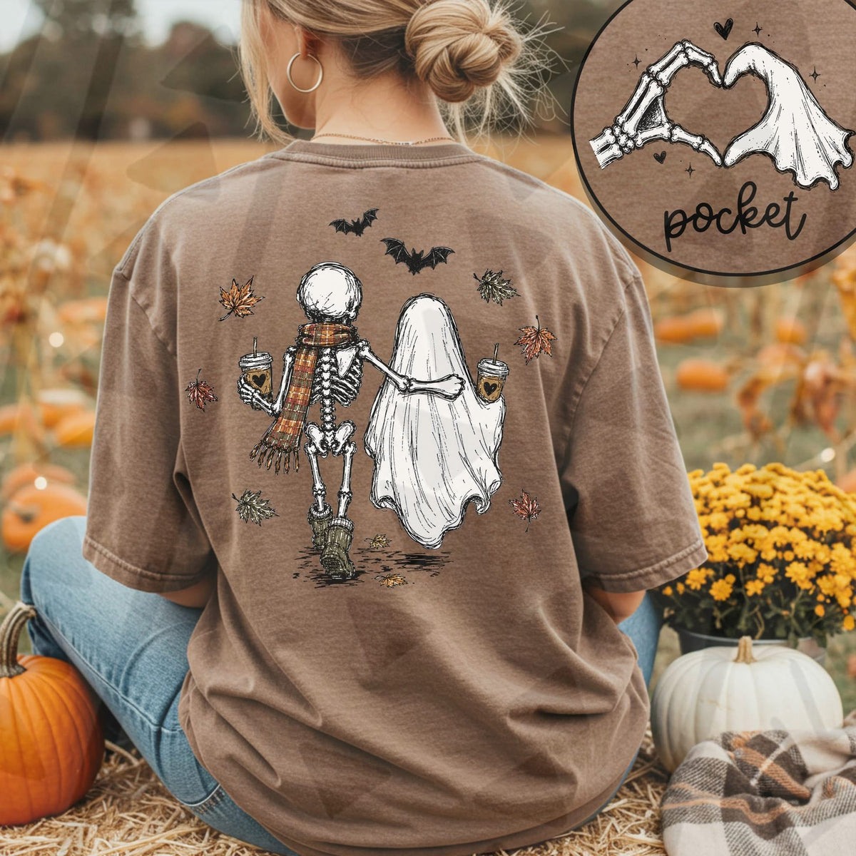 Skeleton and Ghost Autumn Coffee Walk DTF transfer design preview; garment not included