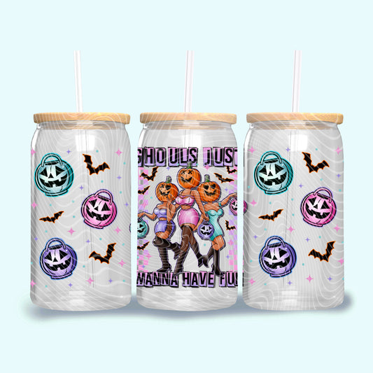 DTF Transfer UV Cup Wrap – Ghouls Just Wanna Have Fun Pumpkin Head Babes Design