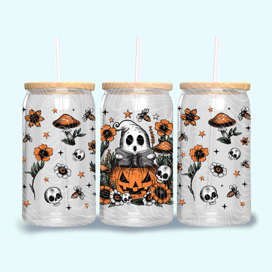 DTF Transfer UV Cup Wrap – Ghost Reading on Pumpkin Floral Cottagecore Halloween Design