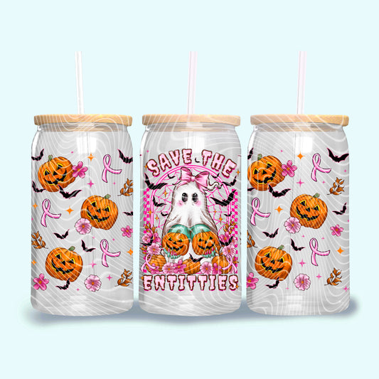 DTF Transfer UV Cup Wrap – Save the Entities Ghost & Pumpkins Breast Cancer Awareness Design
