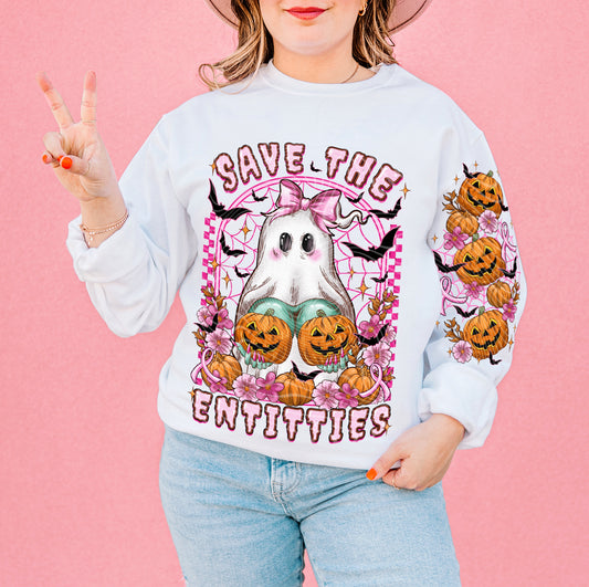DTF Transfer – “Save the Entitties” | Spooky Cute Ghost with Breast Cancer Awareness Theme