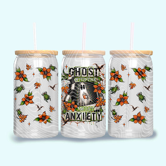DTF Transfer UV Cup Wrap – Ghost With the Most Anxiety Halloween Floral Design