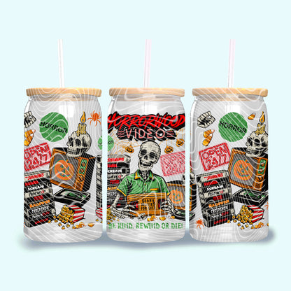 DTF Transfer UV Cup Wrap – Retro Horror Video Store Skeleton Design