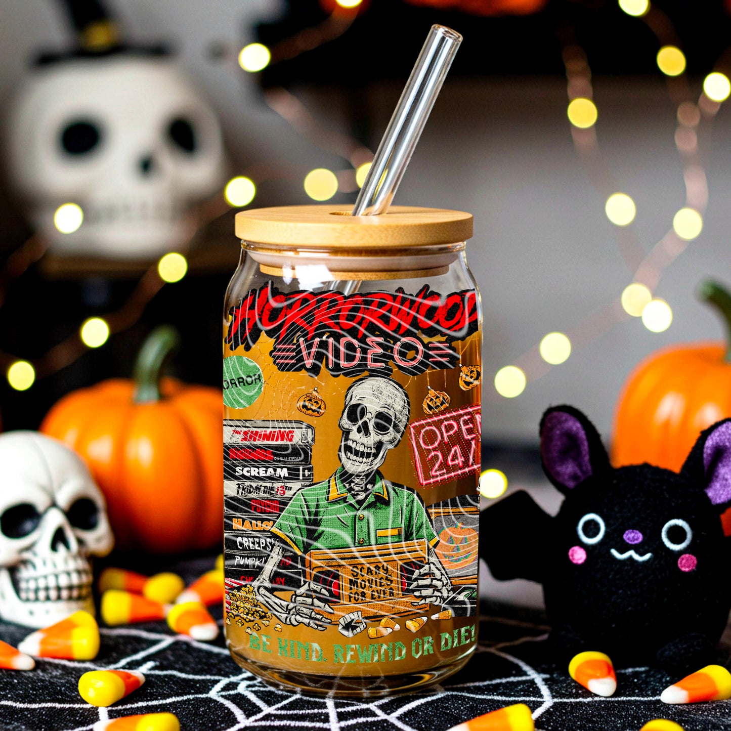 DTF Transfer UV Cup Wrap – Retro Horror Video Store Skeleton Design