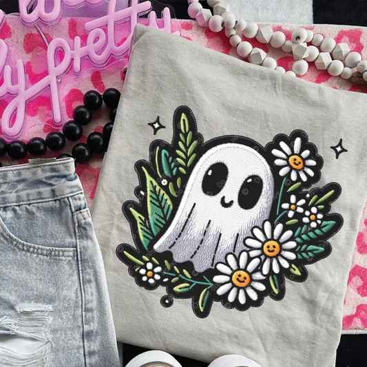 DTF Transfer Fall Halloween Ghost  Daisy Faux Embroidery